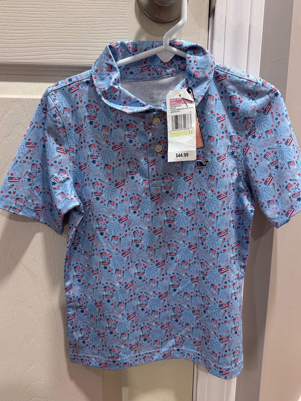 4T Vineyard Vines Short Sleeve Polo Shirt - Light Blue with Patriotic Print